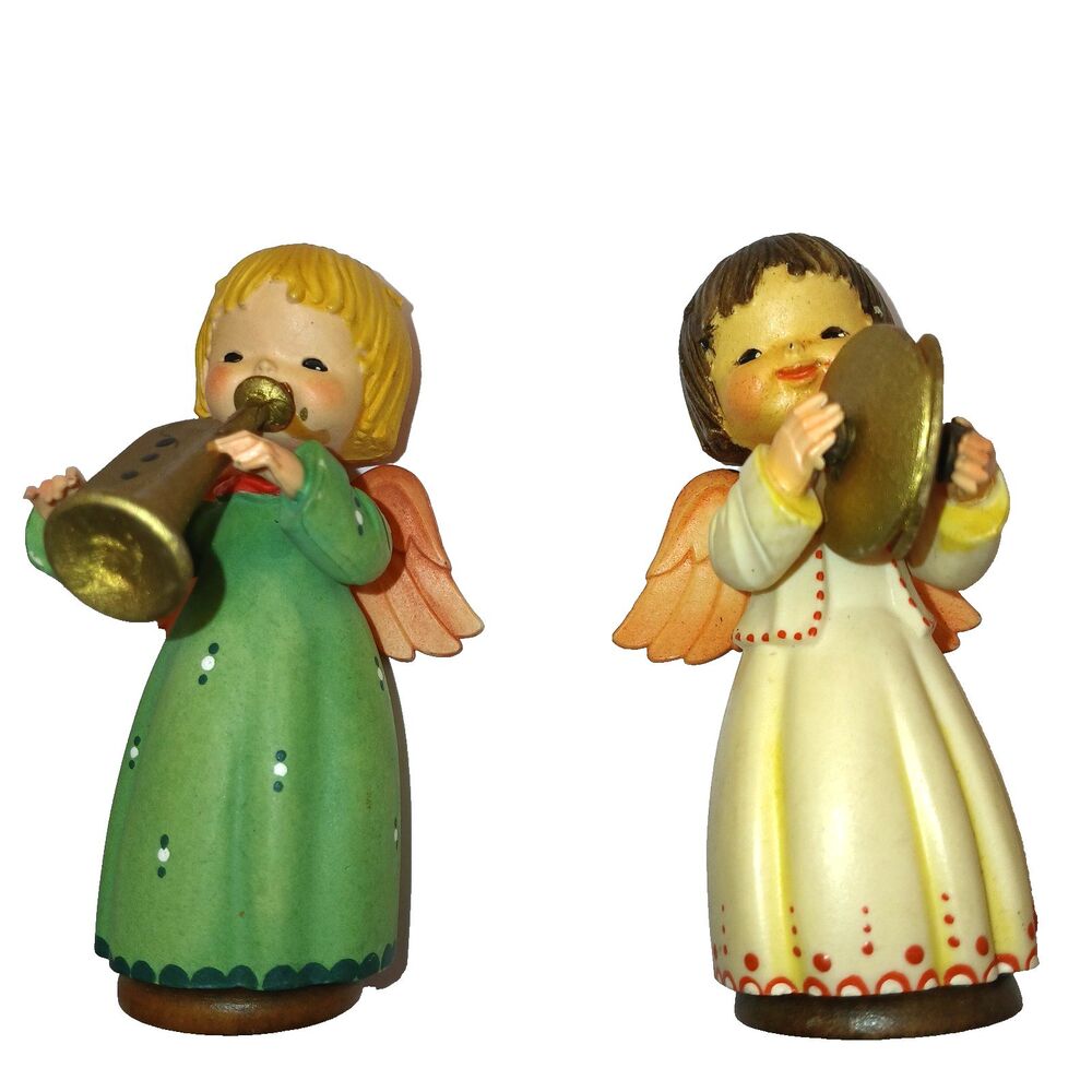 2 Anri Toriart Figurines Angel Playing Cymbals and Angel Playing Horn 3.5 in